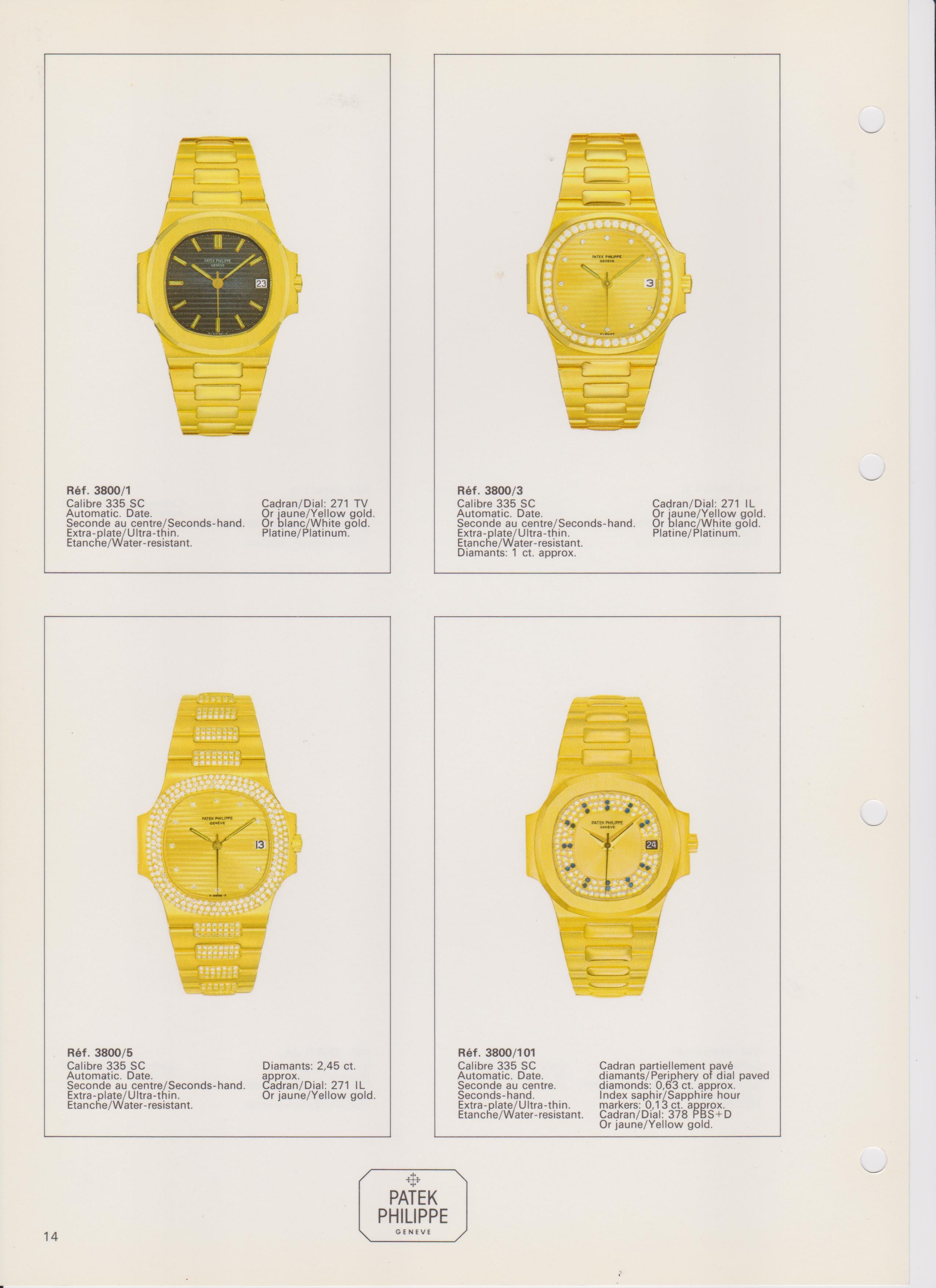 Patek Philippe Nautilus 3800 catalogue showing dial variations of yellow gold example from A Collected Man London