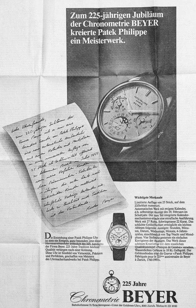 An advertisement from Chronometrie Beyer advertising the launch of the 3940 and the shops 225th anniversary