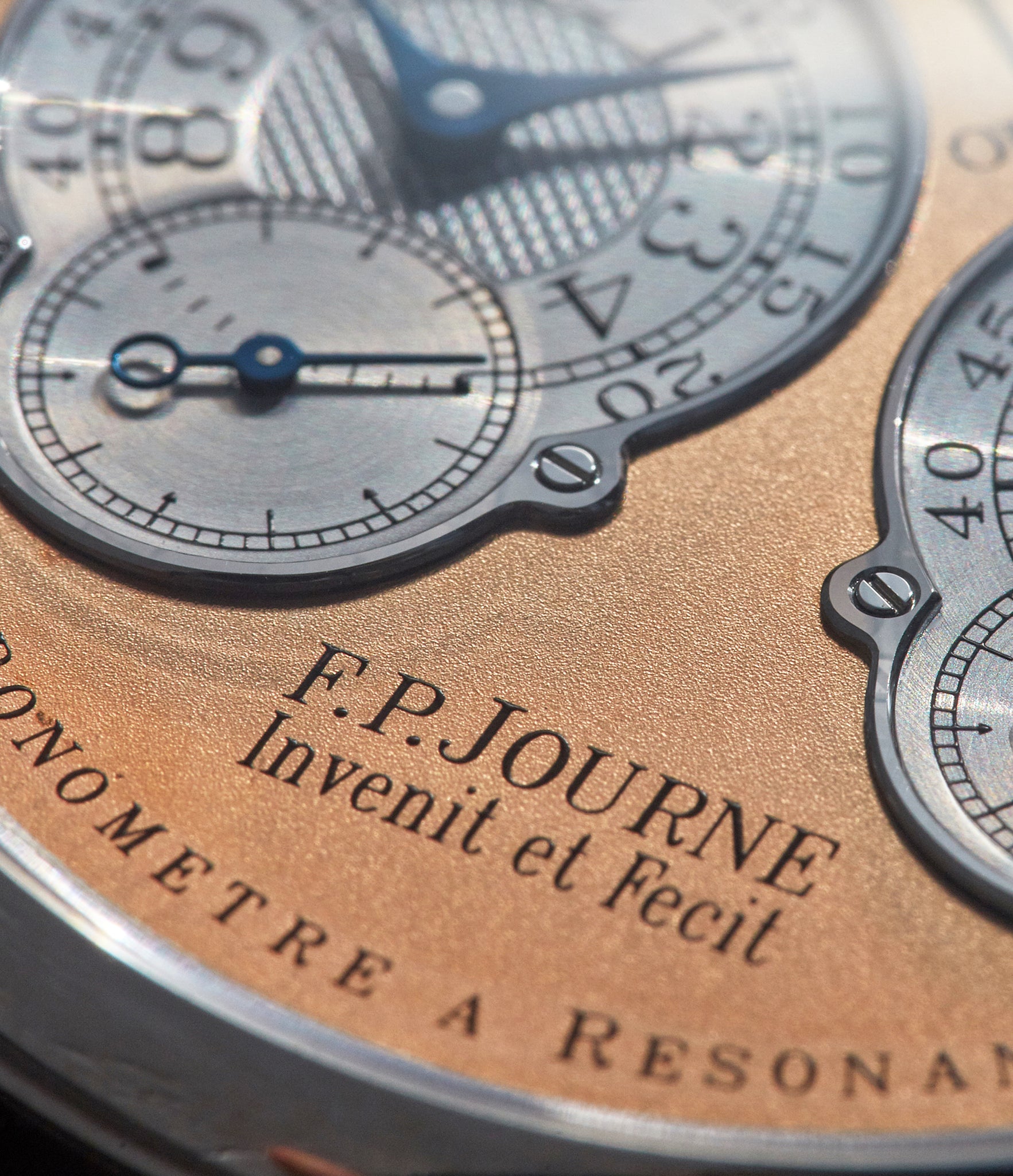 F.P Journe pre-Souscription Resonance showing thinner font and greater dial shimmer shot by A Collected Man London
