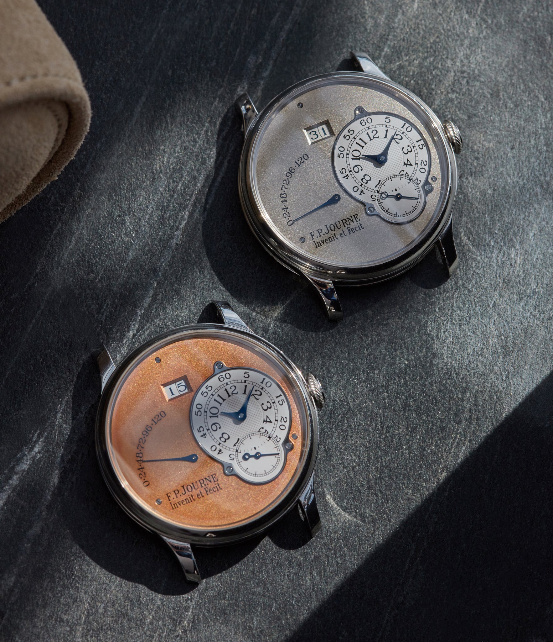 Two F.P. Journe Octa Reserve de Marche showing a white gold and an oxidised yellow gold dial shot by A Collected Man London
