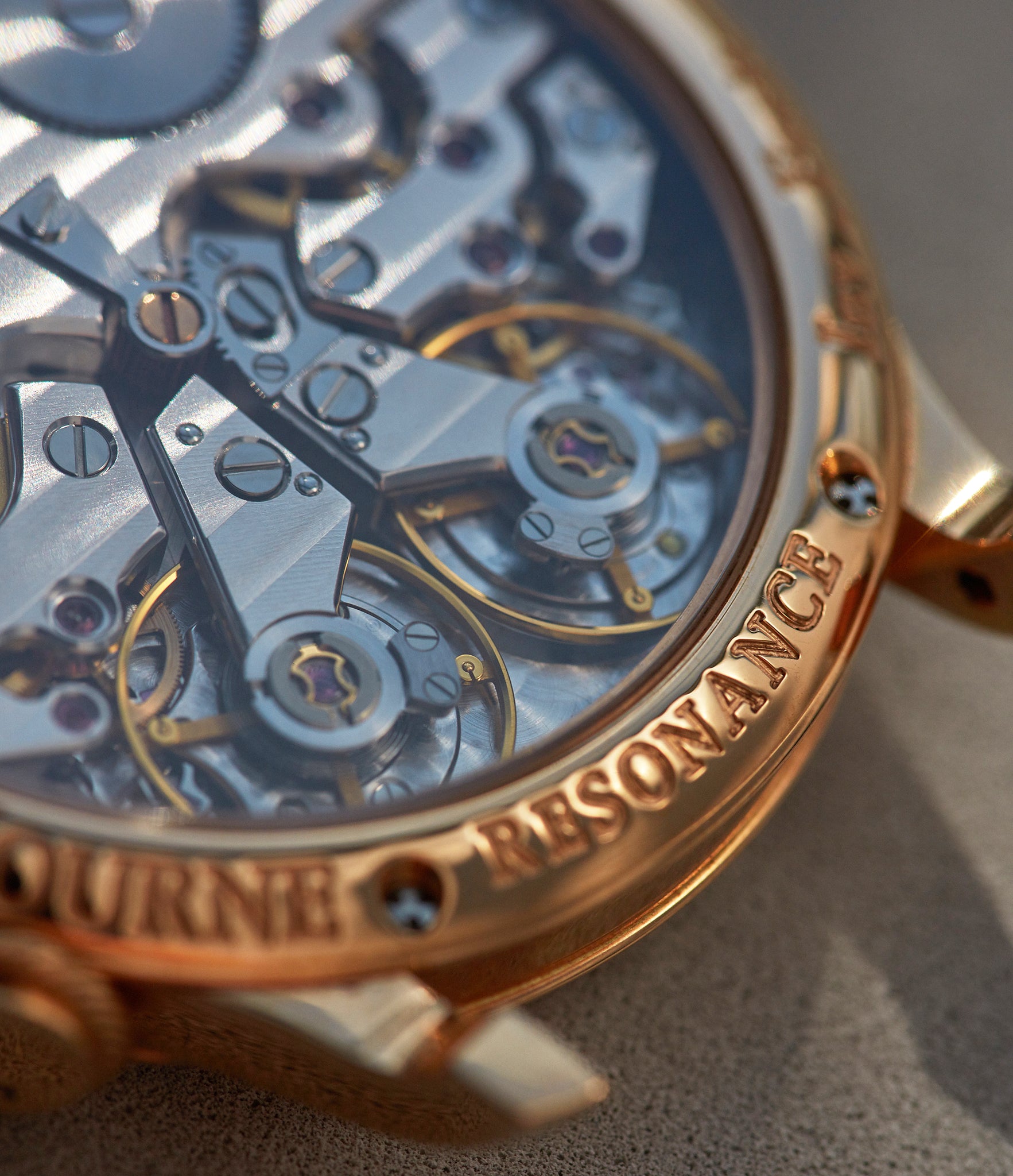 Deep engraving on the back of an F.P. Journe Resonance shot by A Collected Man London