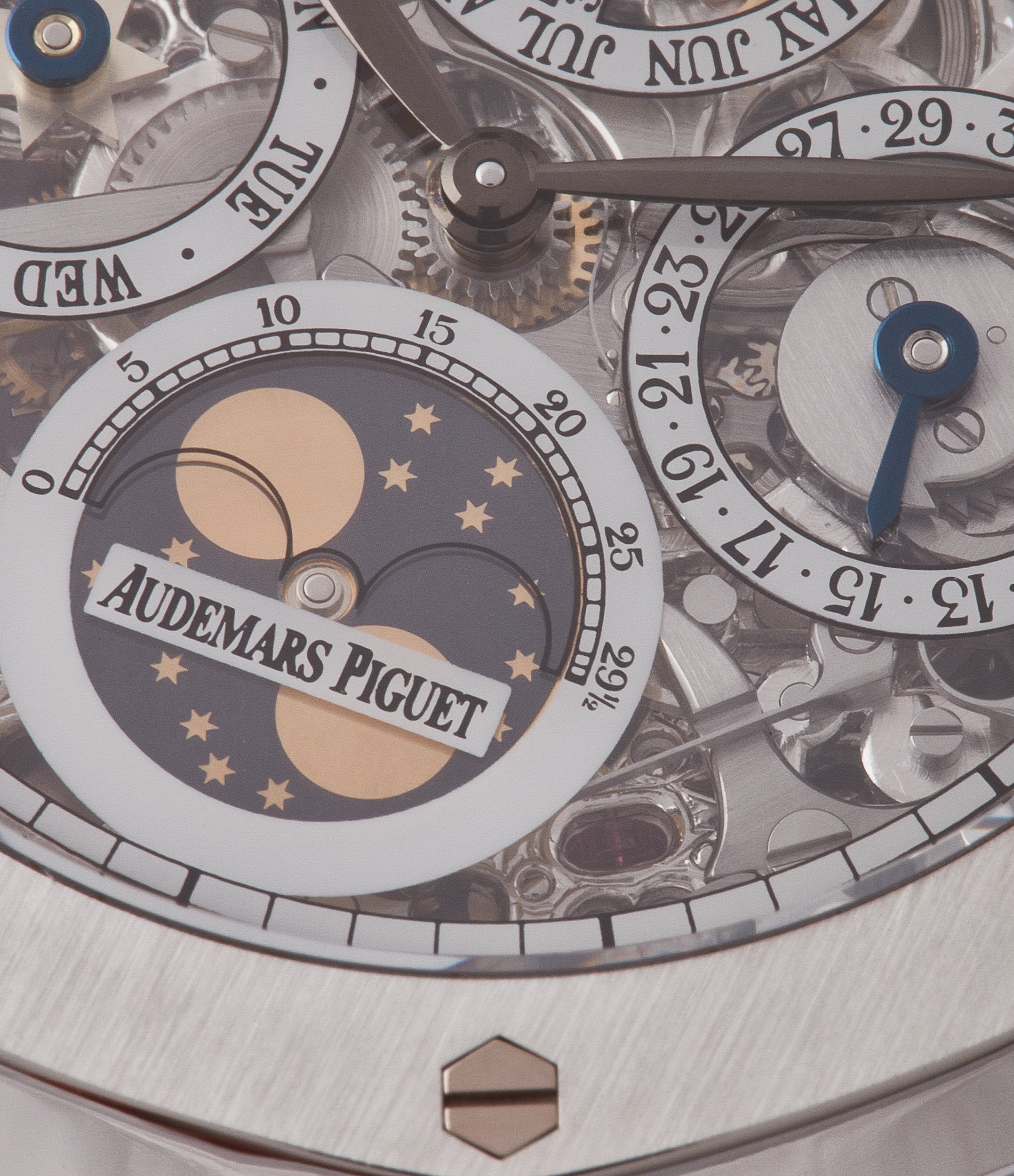 Audemars Piguet Royal Oak Perpetual Calendar open dial moon phase macro shot for A Collected Man London