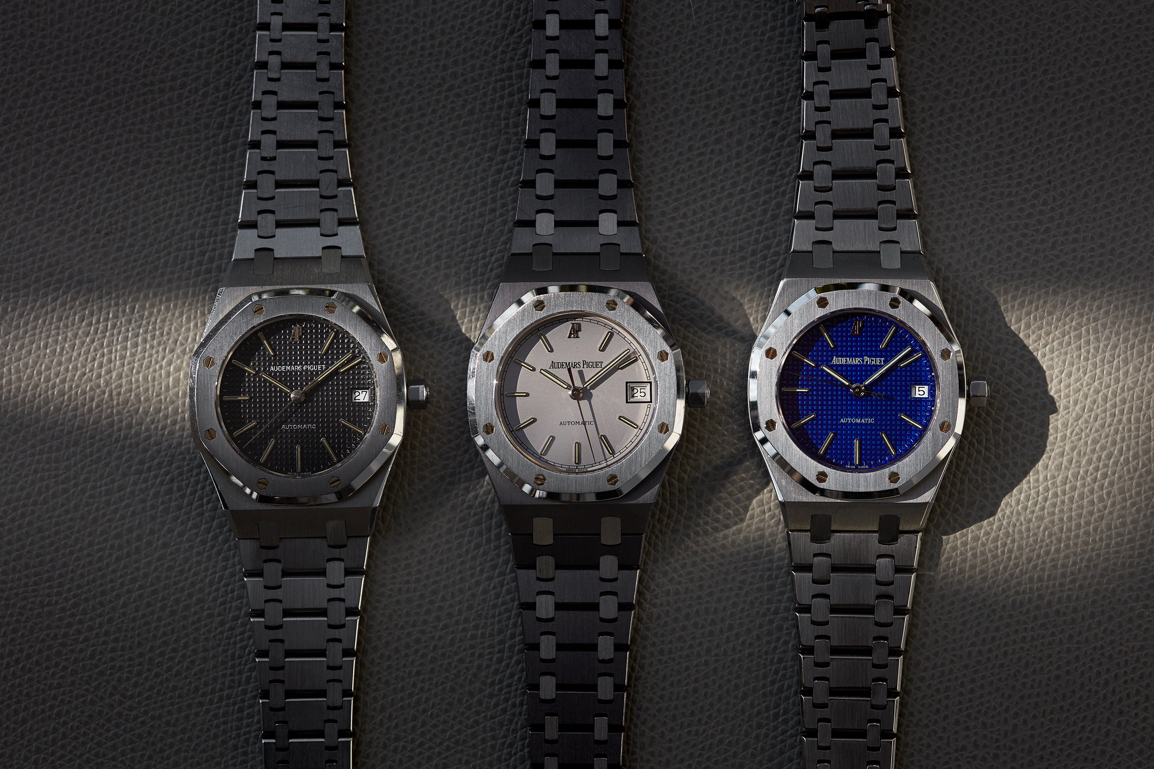 Three Audemars Piguet Royal Oak 14790s with grey white and blue yvex klien dials for A Collected Man London