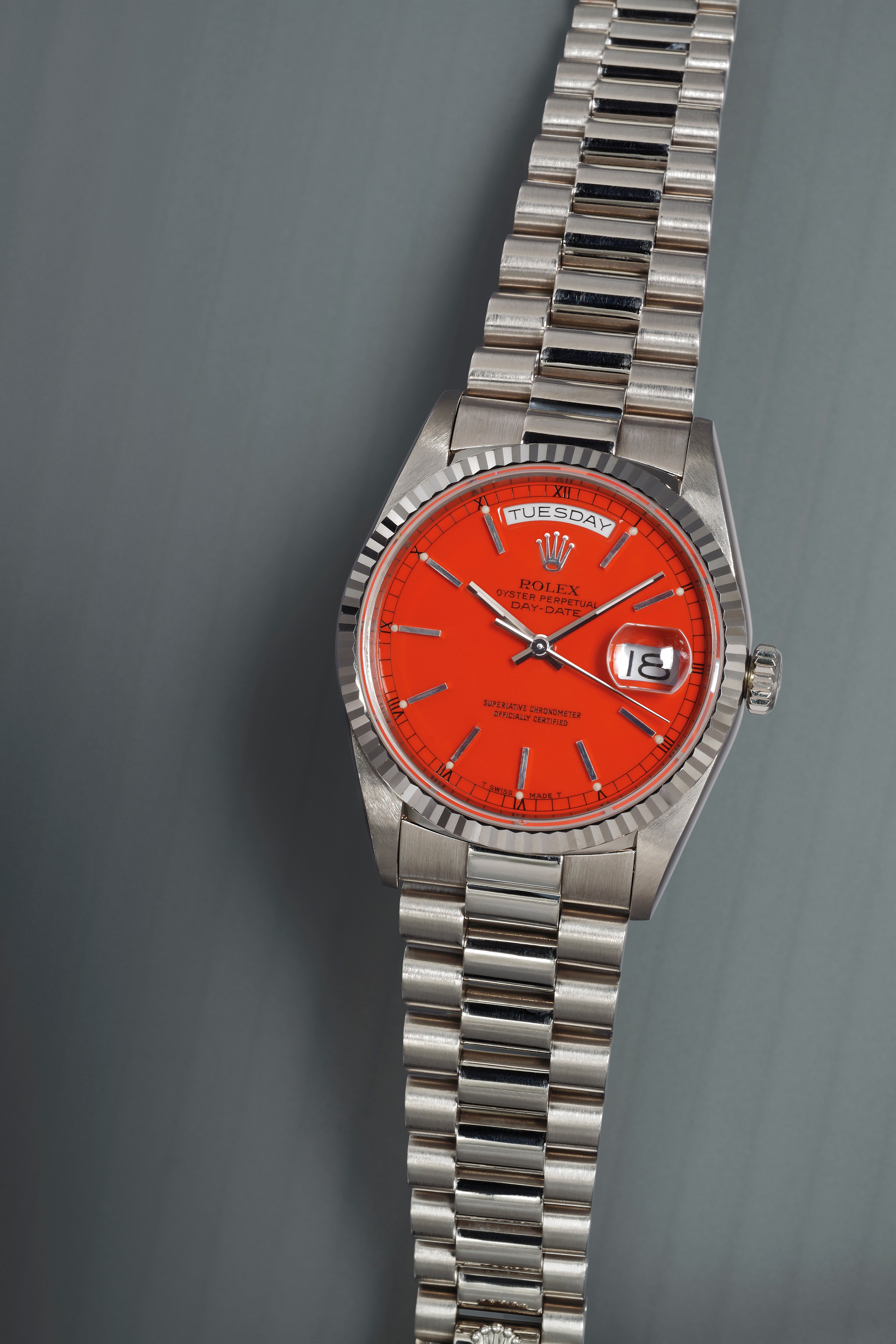 Rolex Stella Day Date in white metal with a deep red dial for A Collected Man London