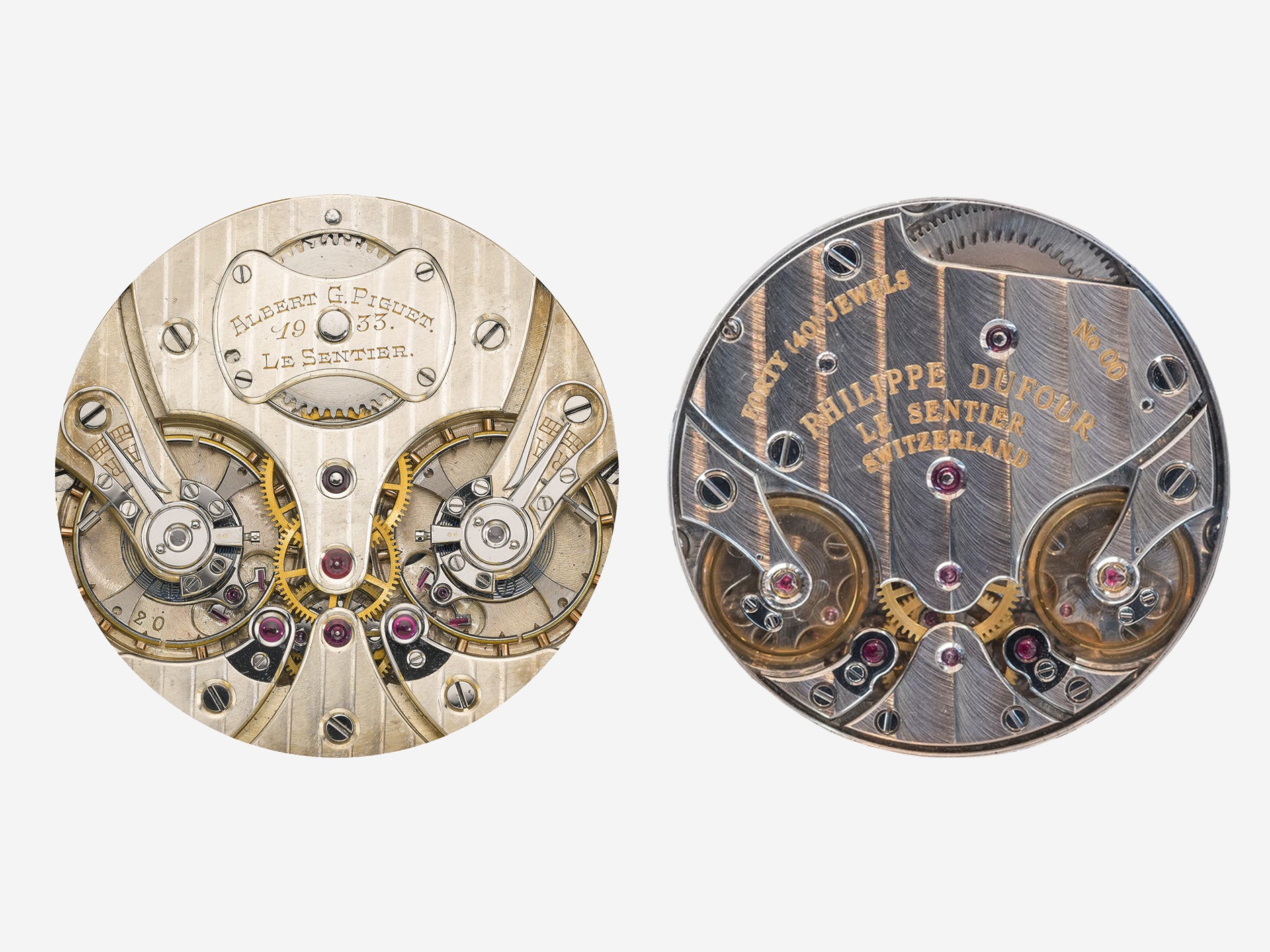 Philippe Dufour Duality movement next to a Piguet pocket watch movement from the 1930s A Collected Man London