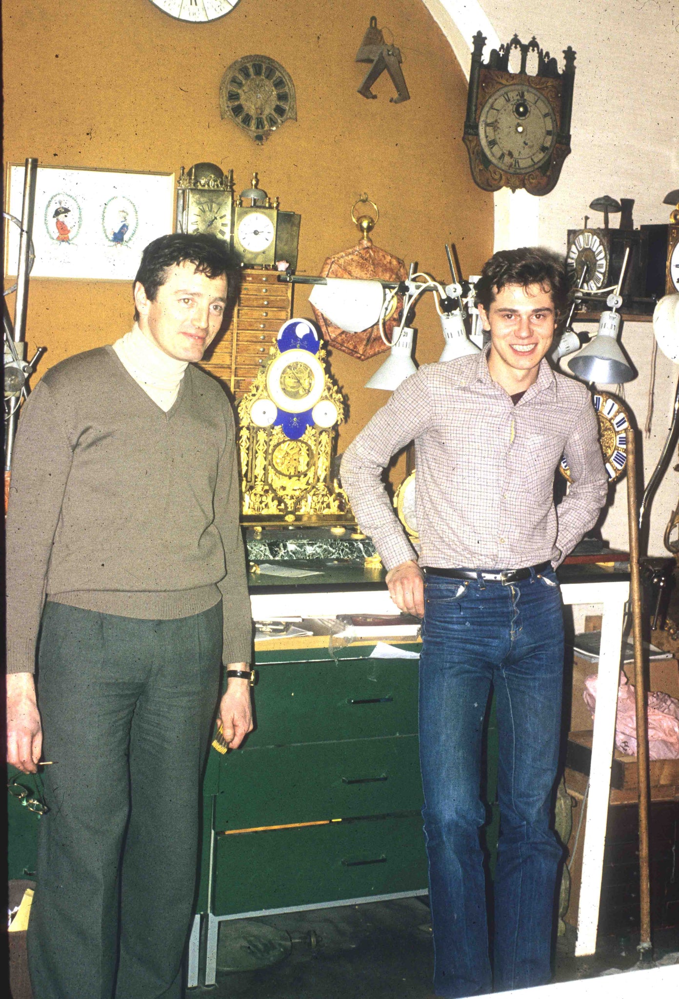 Young F.P. Journe with his uncle Michael in his workshop in Paris where Journe would help restore old clocks and pocket watches