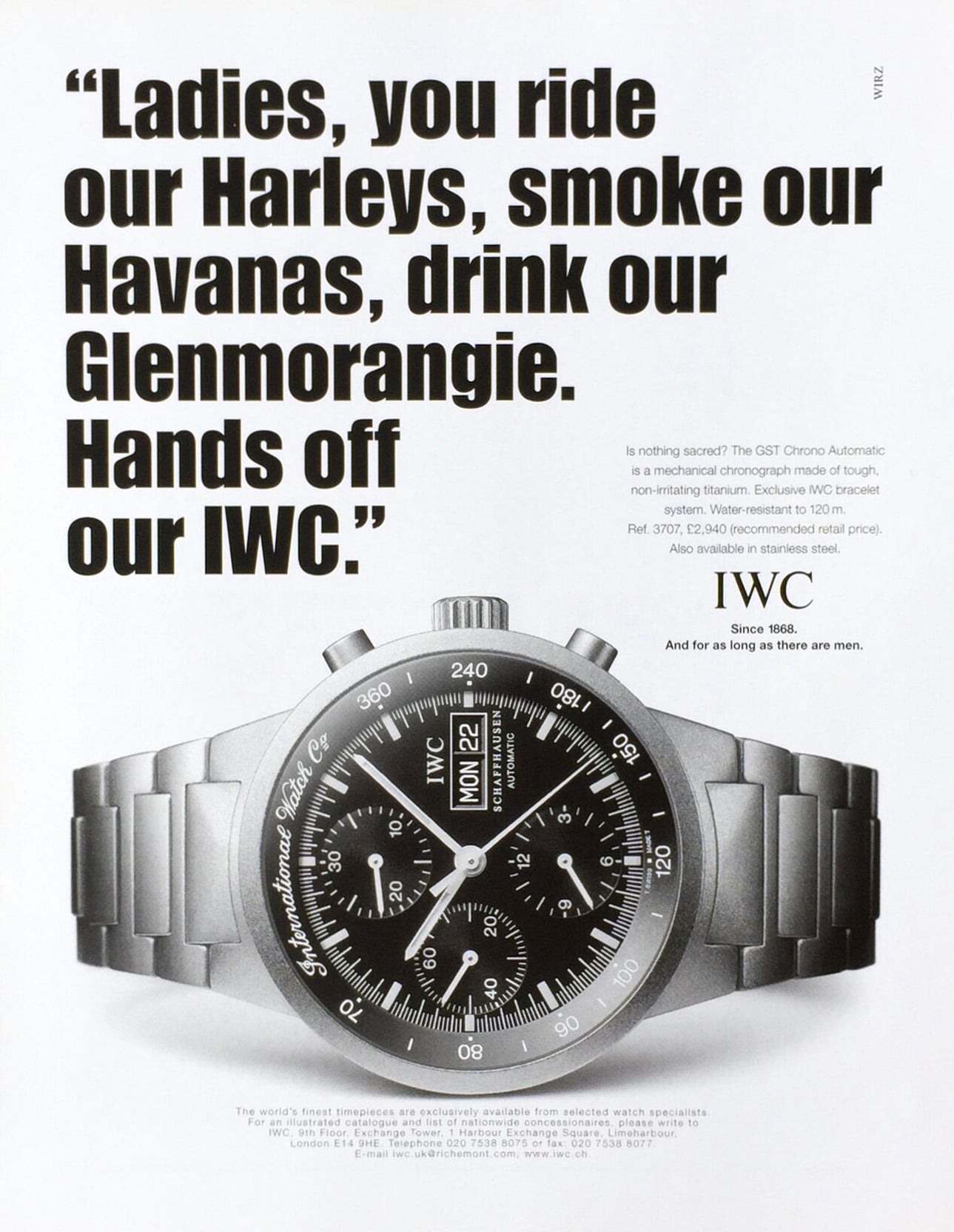 IWC print advertisement with masculine tag line from Günter Blülein era for A Collected Man London