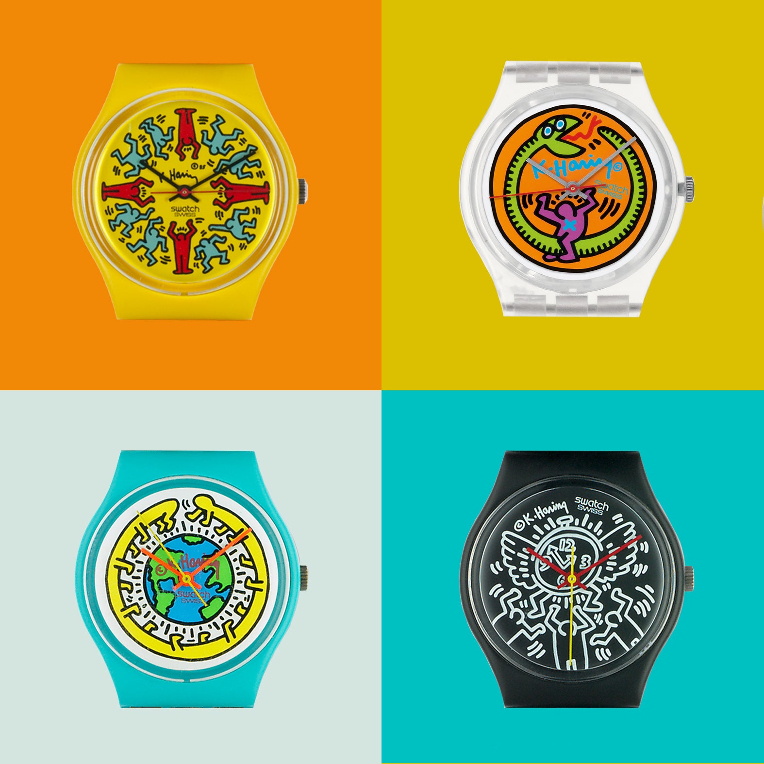 A four Keith Haring watches made by Swatch in a grid for A Collected Man London