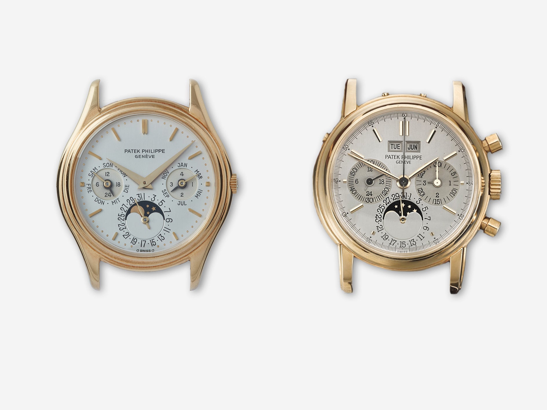 Patek Philippe perpetual calendars 3940 and 3970 on white background in What Makes a Transitional Watch? for A Collected Man London