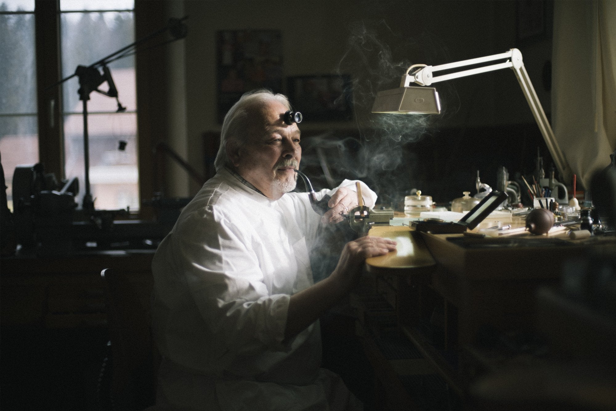 Philippe Dufour at his workbench in the Vallée de Joux for A Collected Man London