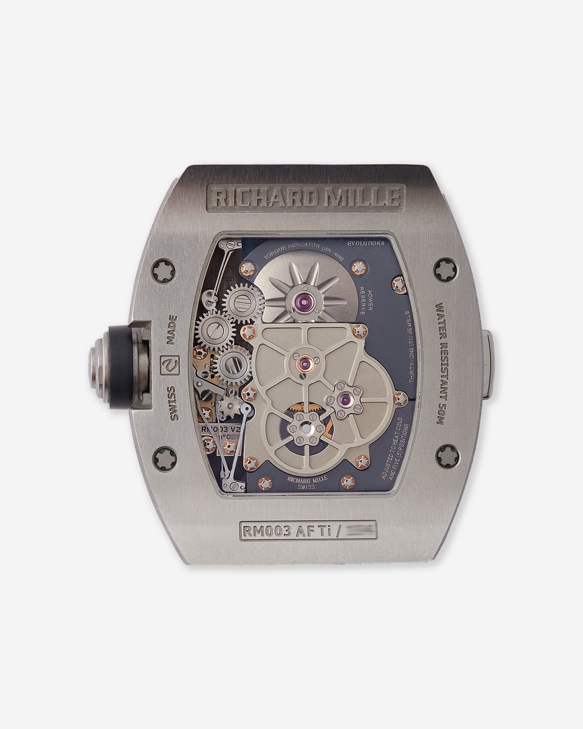 Richard Mille RM003 caseback showing Ti titanium stamp and other numberings as well as movement for A Collected Man London