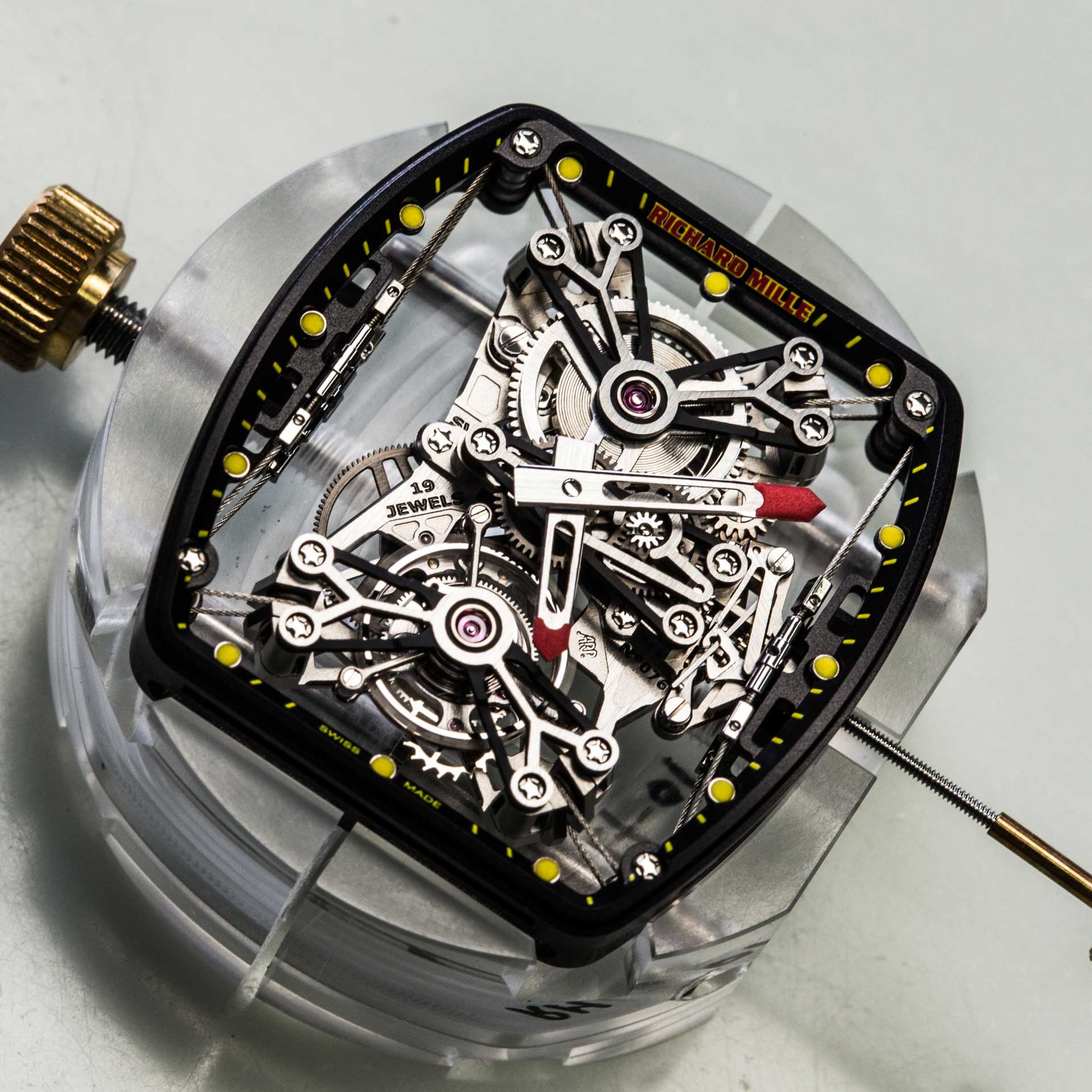 Richard Mille RM27-01 movement with its cable suspension system for A Collected Man London