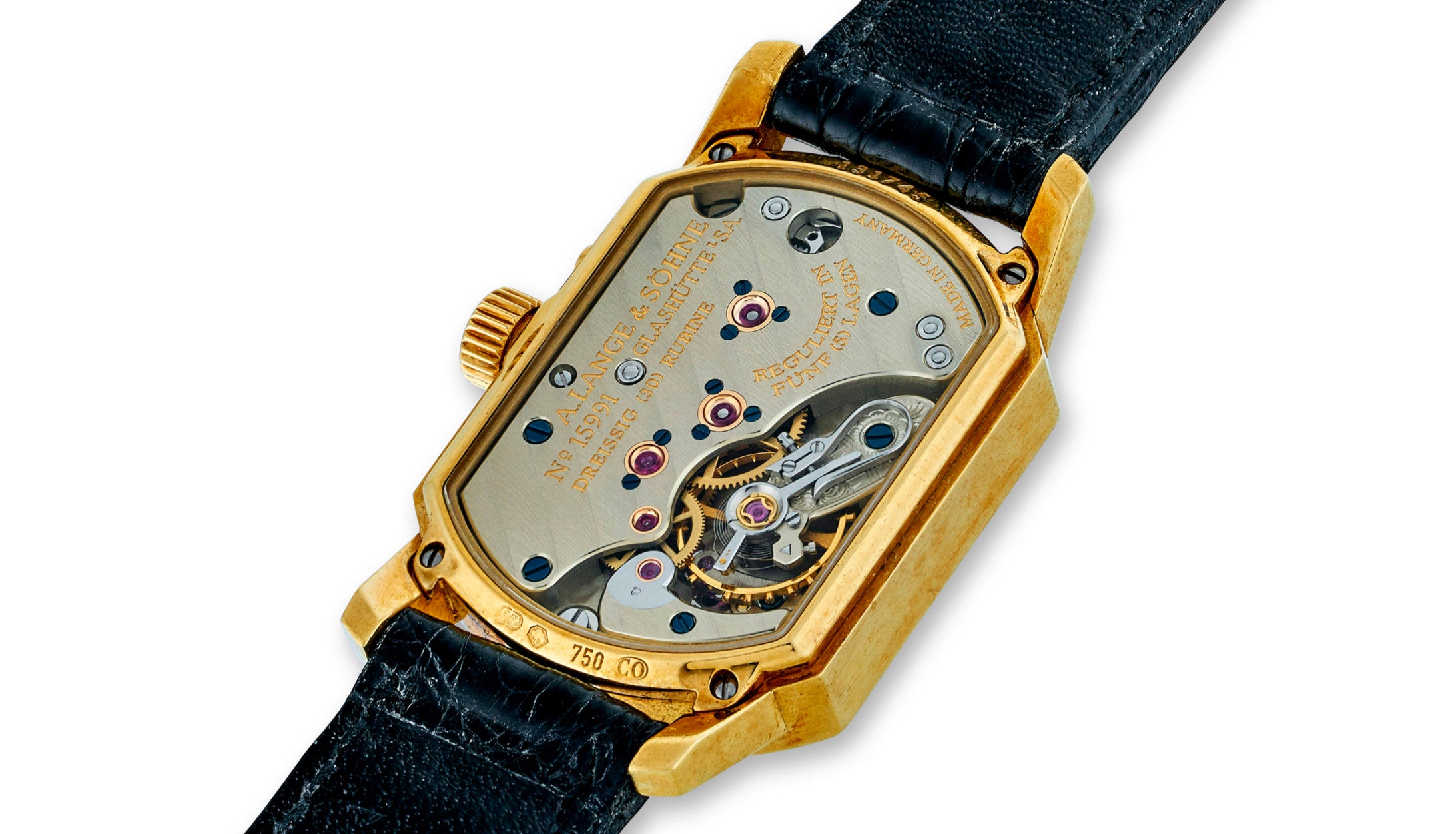 A. Lange & Söhne Arkade watch movement seen through a sapphire case back for A Collected Man London