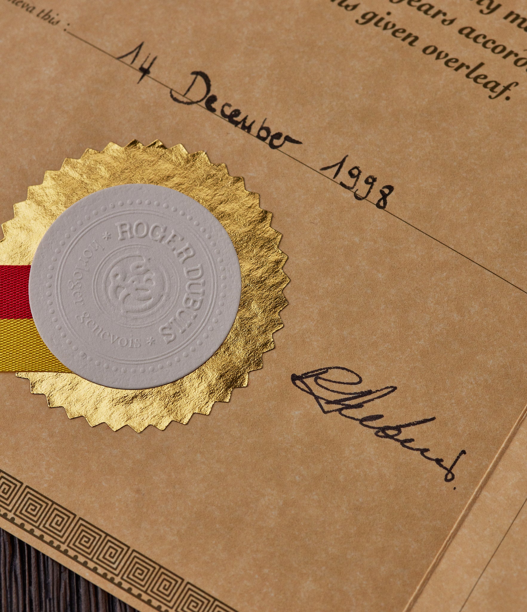 Roger Dubuis certificate of origin from 1998 showing Dubuis signature at A Collected Man London