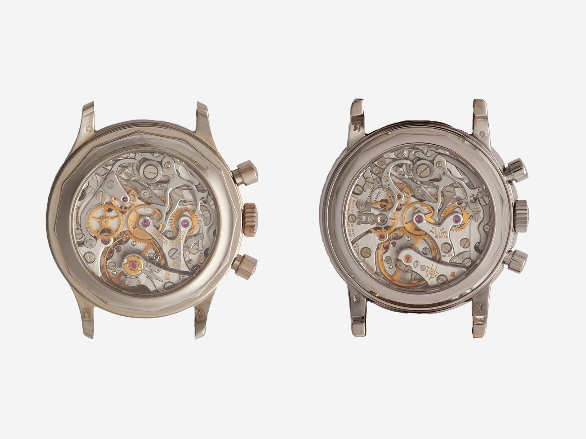 Watch movement of Patek Philippe ref. 3970 and Roger Dubuis Hommage Chronograph H34 at A Collected Man London