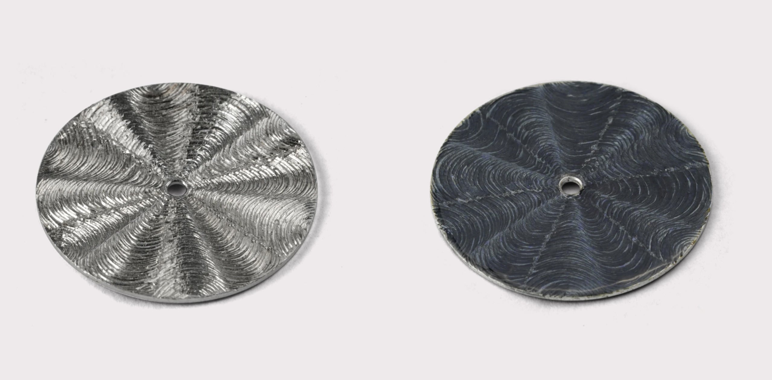 Metal dials showing engraving process in The Art of Enamel Dials for A Collected Man London
