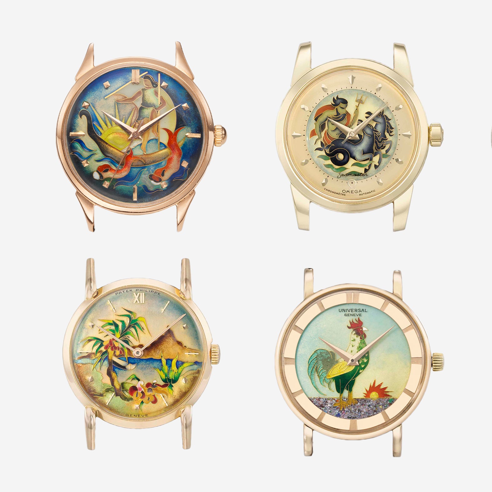 Cloisonne enamel dials from Patek Philippe, Omega, Universal Geneve and Eska for A Collected Man London