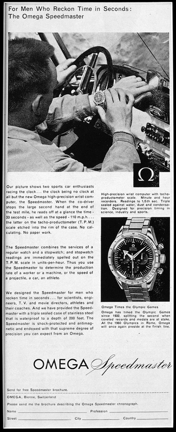 Omega advertisement for the Speedmaster from the late 1950s for A Collected Man London