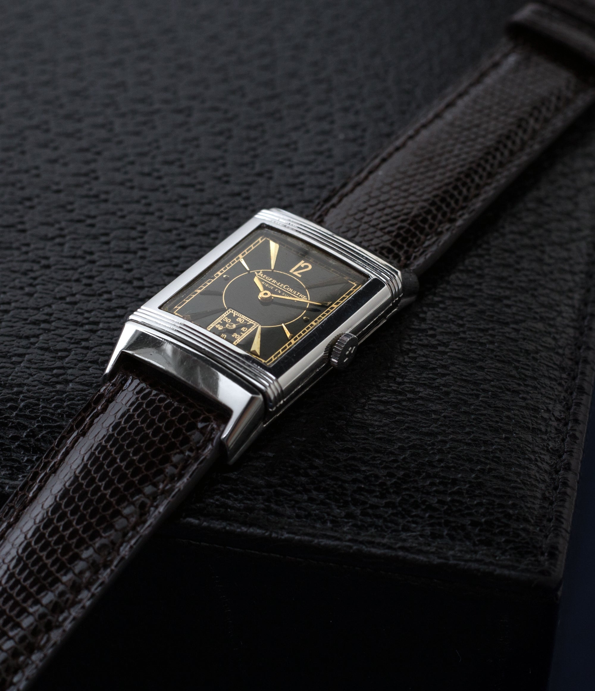 buy vintage Jaeger-LeCoultre Reverso stainless steel black unrestored dial with gold rare watch with authenticity guaranteed for sale online WATCH XCHANGE London
