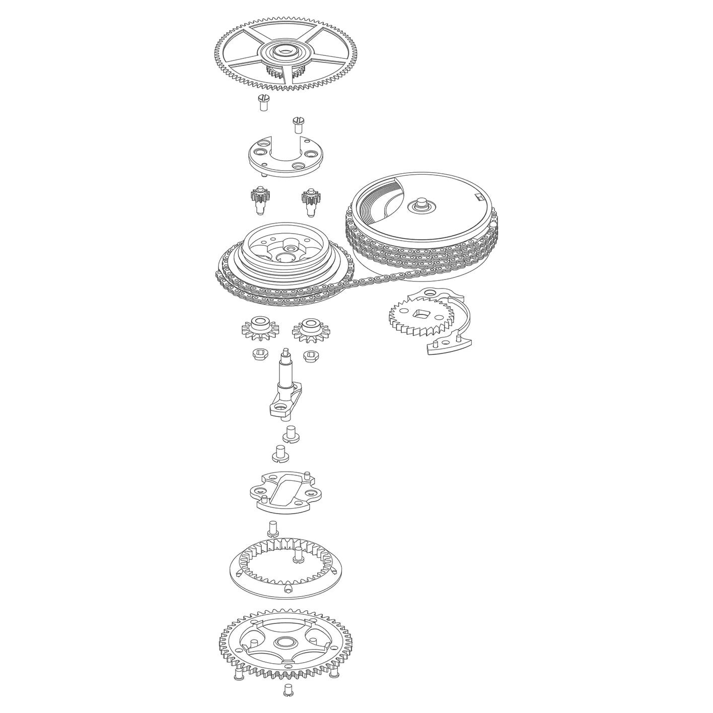 Drawing of exploded Fusee et chain in Chasing Accuracy in Mechanical Wristwatches for A Collected Man London