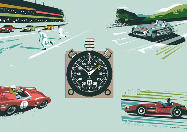 Heuer Monte Carlo dashboard timer illustration by Prints Harry