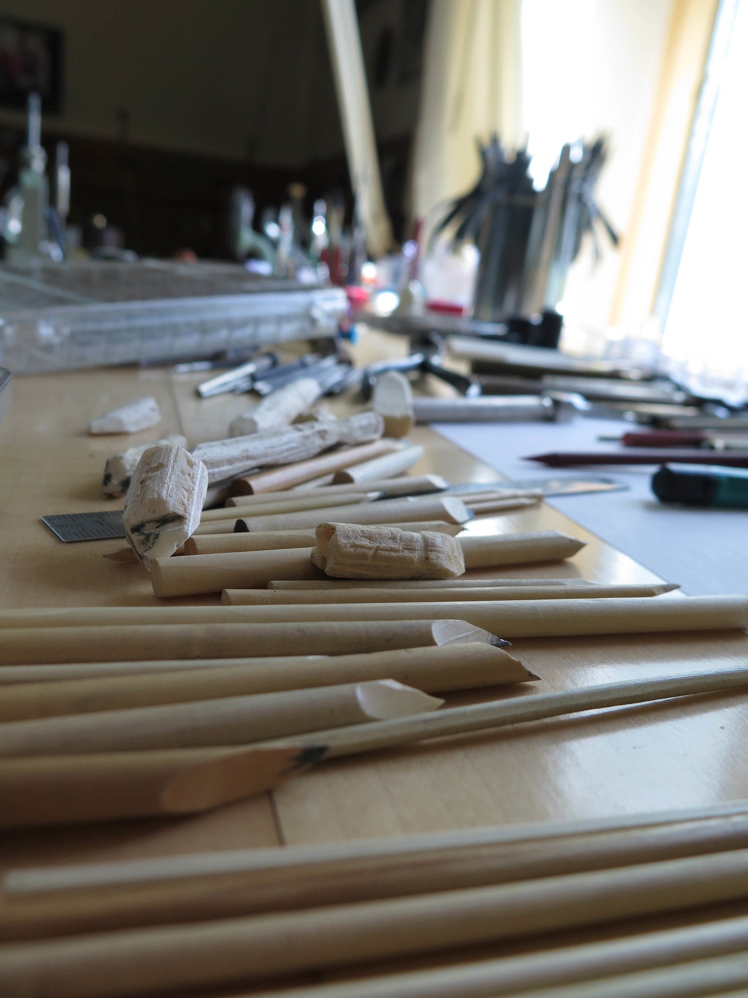 Philippe Dufour's workbench showing wooden polishing stick taken by Peter Speake for A Collected Man London