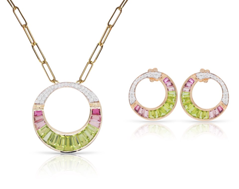 pink tourmaline and peridot Cleopatra design jewelry