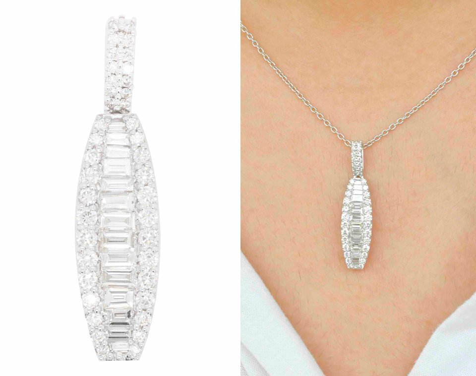 Art-Deco-Anhänger-Halskette aus 18-karätigem Weißgold mit Diamanten im Baguette-Stil