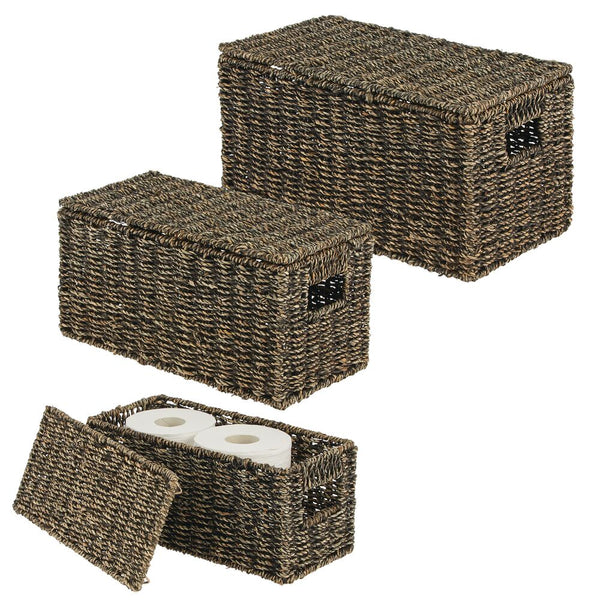 mDesign Rustic Farmhouse Rice Weave Hyacinth Toilet Paper Holder Basket - Small  Storage Organizer Tank Topper for Bathroom Counter or Top of Toilet - Holds  6 Rolls of Toilet Paper - Natural/Tan