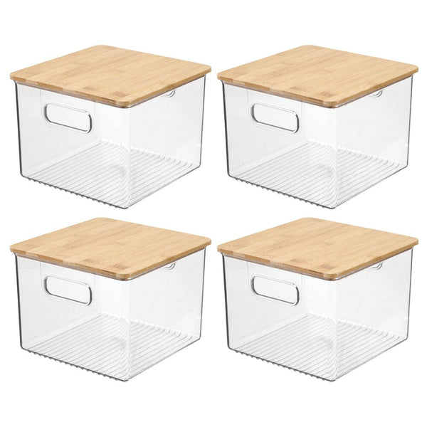 EOENVIVS Storage Bins With Bamboo Lid Plastic Storage Baskets Lidded Pantry  Organization and Storage Containers Organizer for Shelves Drawers Desktop