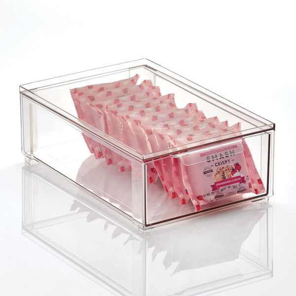 mDesign Ligne Plastic Bathroom Storage Organizer Box with Hinged Lid, 4  Pack - 12 x 7 x 5, Clear