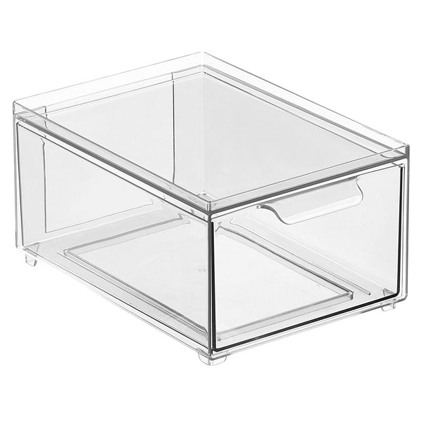 mDesign Plastic Stacking Closet Storage Organizer Bin with Drawer, 4 Pack,  Clear 