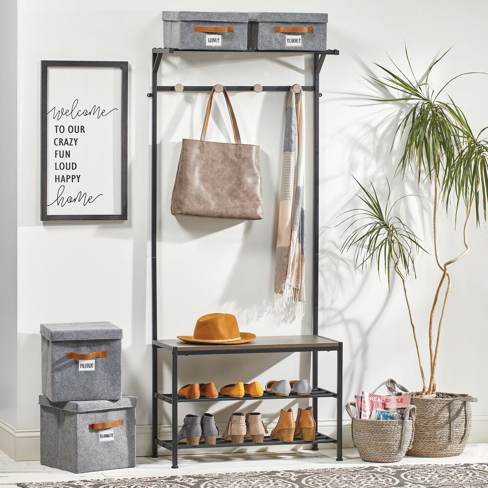 Metal Coat Rack and Shoe Stand in Home Entryway with Storage Bins