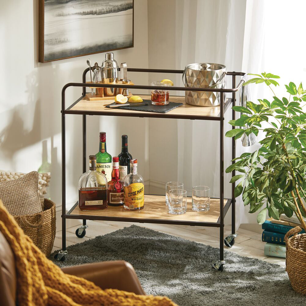 Metal & Wood Bar Cart in Living Room with Liquor Bottles and Glasses