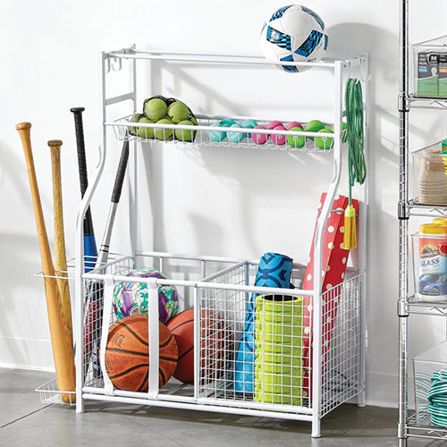 White Metal Fitness and Sports Equipment Storage Organizer in Garage Holding Balls and Baseball Bats