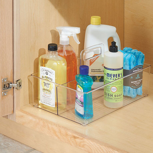 Clear Plastic Storage Tote Caddy in Cabinet Organizing Cleaning Supply Bottles