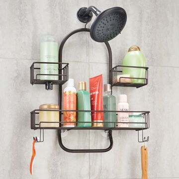 mDesign Modern Metal Hanging Bath and Shower Caddy Organizer for Hand Held  Shower Head and Hose - Storage for Shampoo, Conditioner, Hand Soap - 4  Swivel Shelf F…