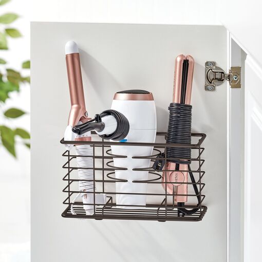 White Metal Wall Mounted Hair Accessory Organizer Caddy, Countertop Blow  Dryer and Flat Iron Holder