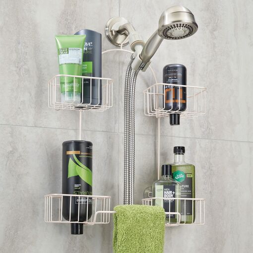 mDesign Modern Metal Hanging Bath and Shower Caddy Organizer for Hand Held  Shower Head and Hose - Storage for Shampoo, Conditioner, Hand Soap - 4  Swivel Shelf F…