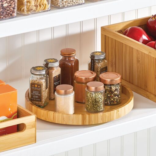 Kitchen Details 2 Pack Lazy Susan Bin | Triangular Pantry Organizer |  Corner Cabinet | Handle | Spice Jars | Cans | Clear