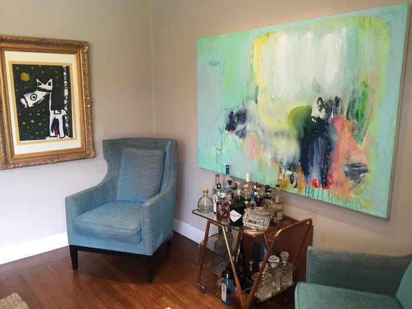 Painting by Canadian abstract artist, Claire Desjardins hung in a sitting room