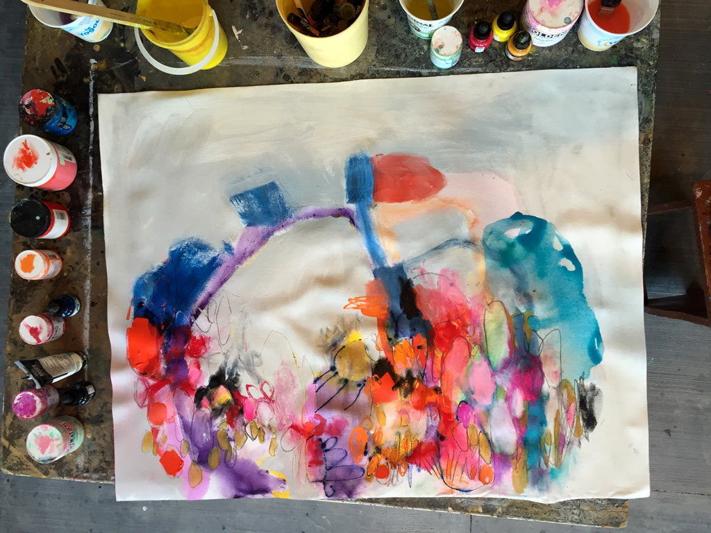 Abstract painting in progress, by artist / painter Claire Desjardins.