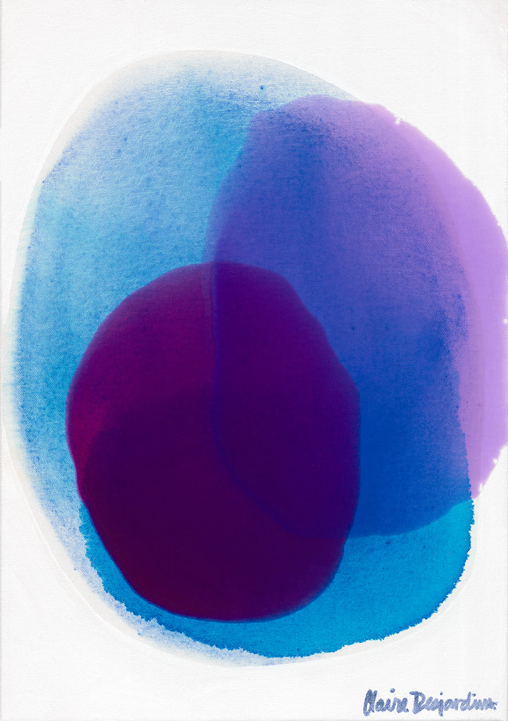 Purple and blue abstract painting, "Lunar Eclipse Me" by artist Claire Desjardins.