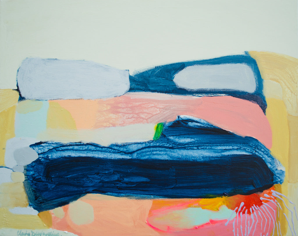 Abstract painting, Sleep on It by painter Claire Desjardins, uses contrasting bold and subdued colors.
