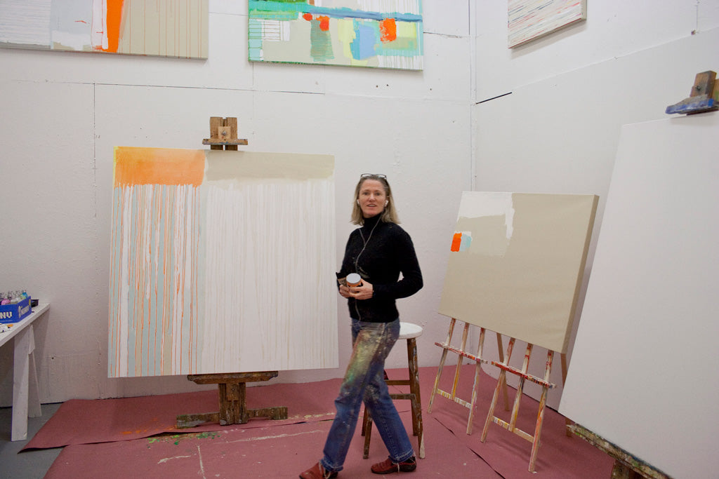 Abstract artist, Claire Desjardins, in her painting studio at Vermont Studio Center.