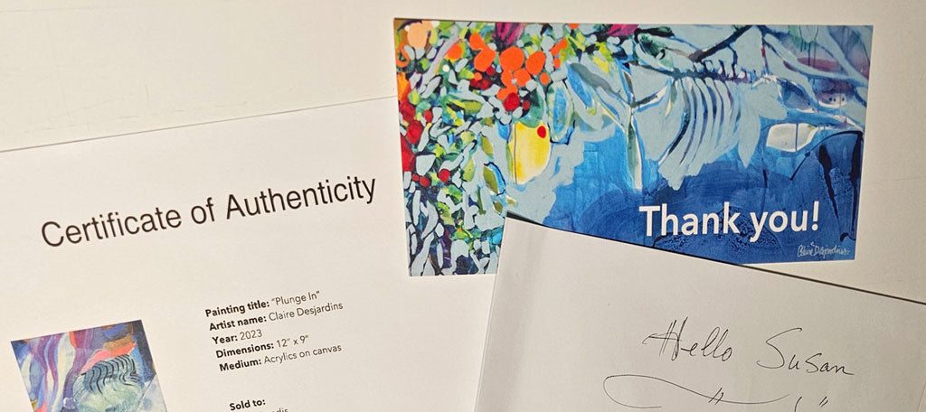 Thank you card and Certificate of Authenticity by abstract artist, Claire Desjardins.