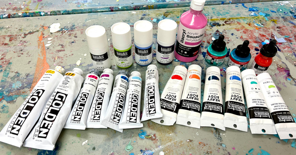 Acrylic paints in the studio of abstract artist, Claire Desjardins.