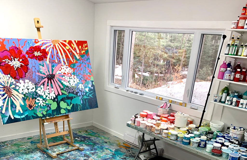 The painting studio of abstract artist, painter Claire Desjardins.