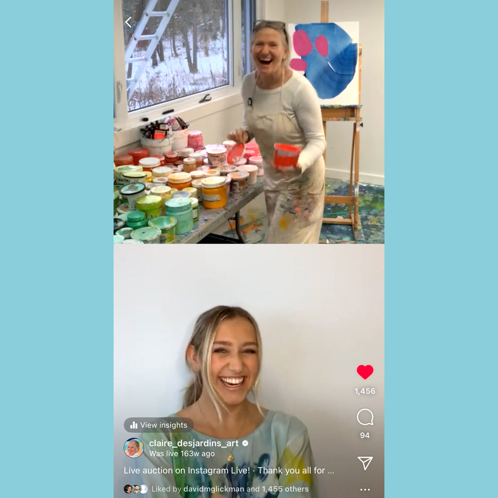 Artist Claire Desjardins and her niece, Michelle Desjardins, on an Instagram Live to raise money for charity.