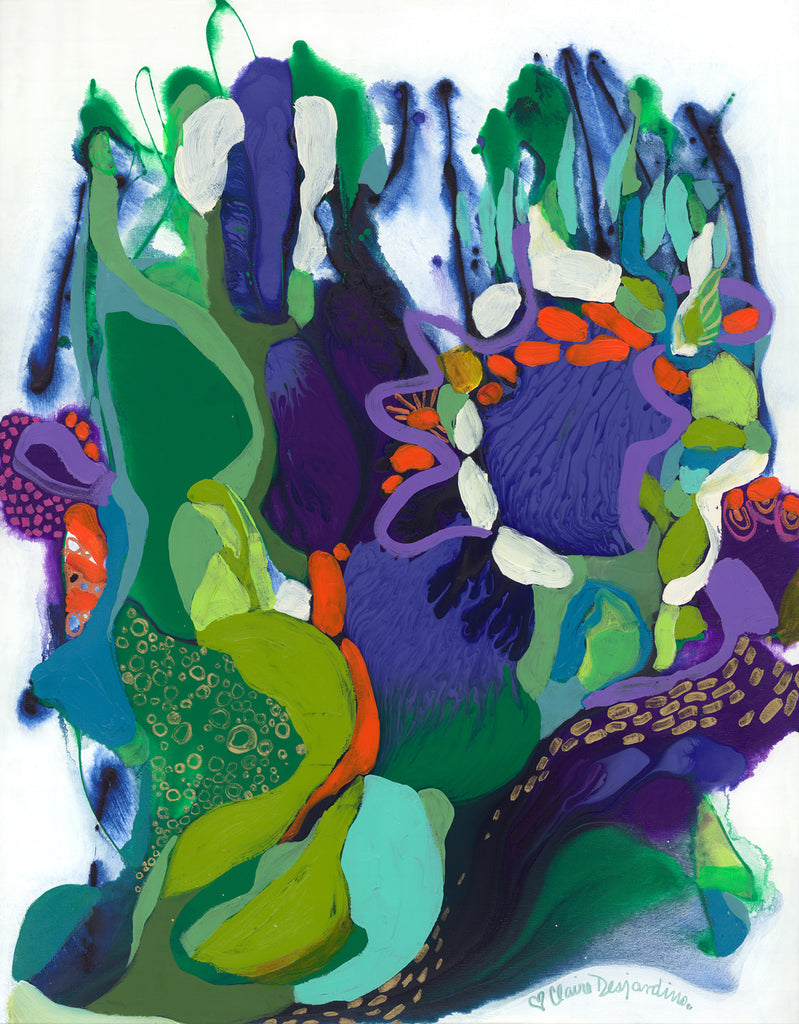 Rich green and purple hues in painting "Loving Amazonia" by abstract artist / painter, Claire Desjardins.